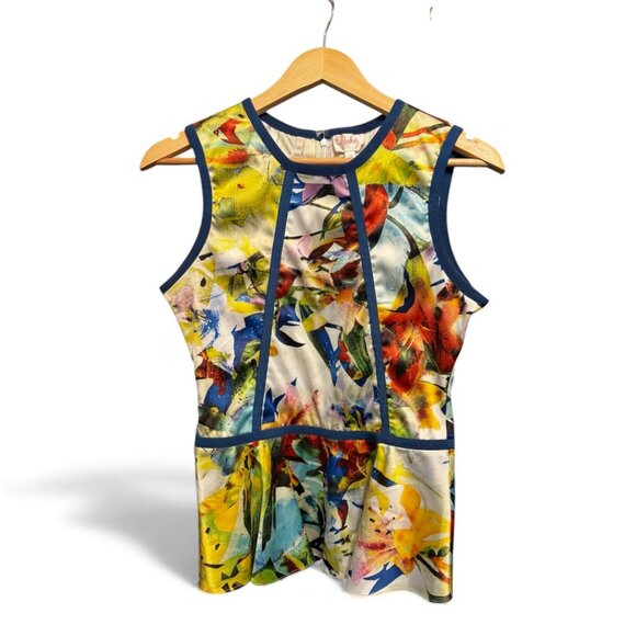 Parker Sleeveless Silk Peplum Blouse | Vibrant Multi-Color | Size Large | GUC - Picture 1 of 7